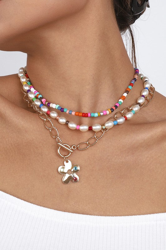 Layered Beads Pearl Flower Pendant Necklace