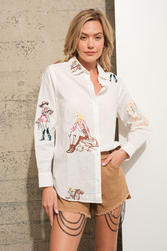 Embroidered Western Cowgirl Linen Shirt Blouse