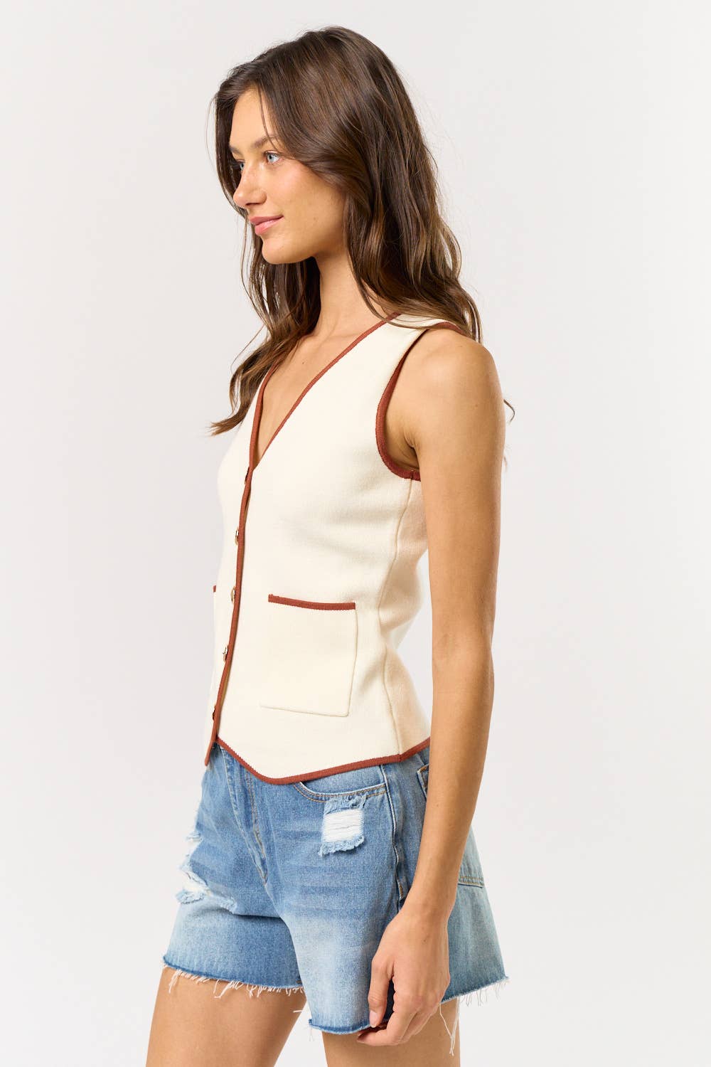 Button Down Contrast Sweater Vest With Pockets