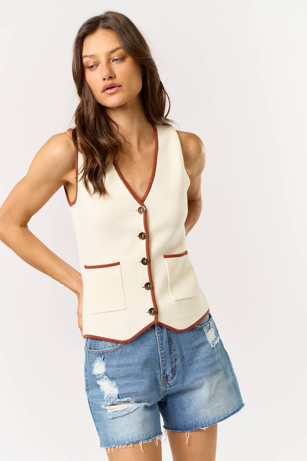 Button Down Contrast Sweater Vest With Pockets