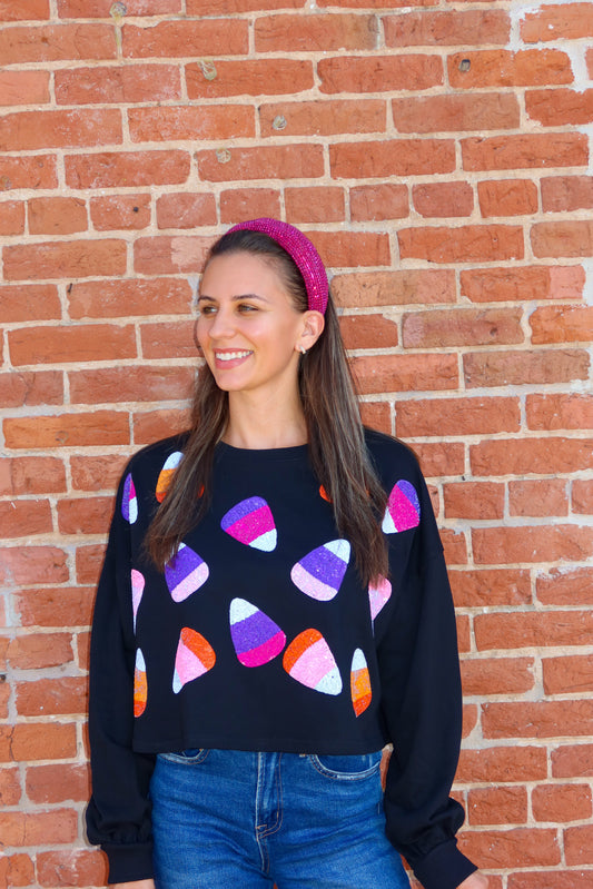 Candy Corn Sequin Crop Pullover