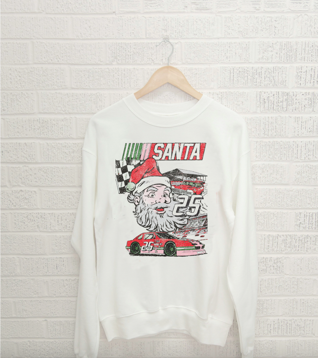 Santa Race Car Christmas White Thrifted Graphic Sweatshirt