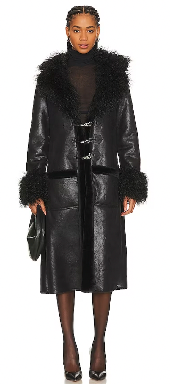 Suede Bonded Faux Fur Trench Coat, Black