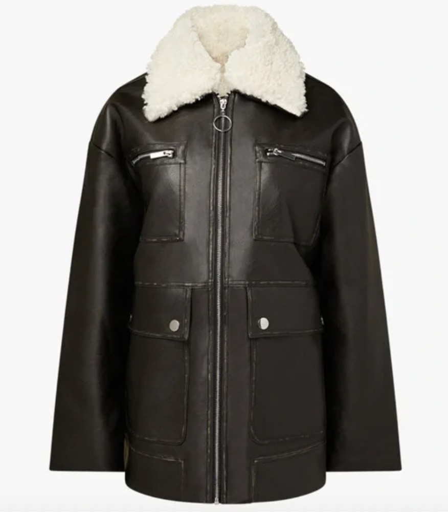 Long Vegan Leather Sherpa Collar Jacket, Grey Patina