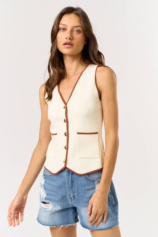 Button Down Contrast Sweater Vest With Pockets