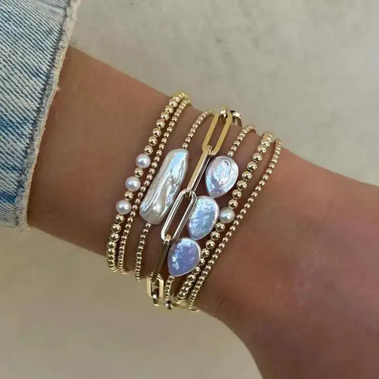 18K Gold Plated Copper Pearl and Gold Beaded Ball Bracelet