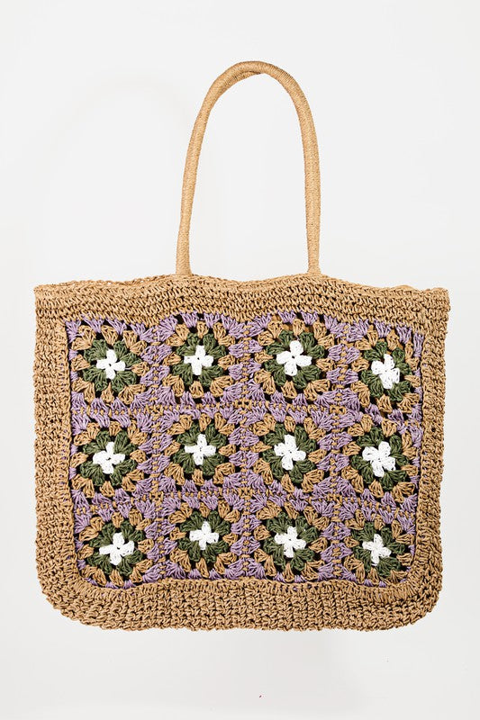 Straw Braided Floral Pattern Tote Bag