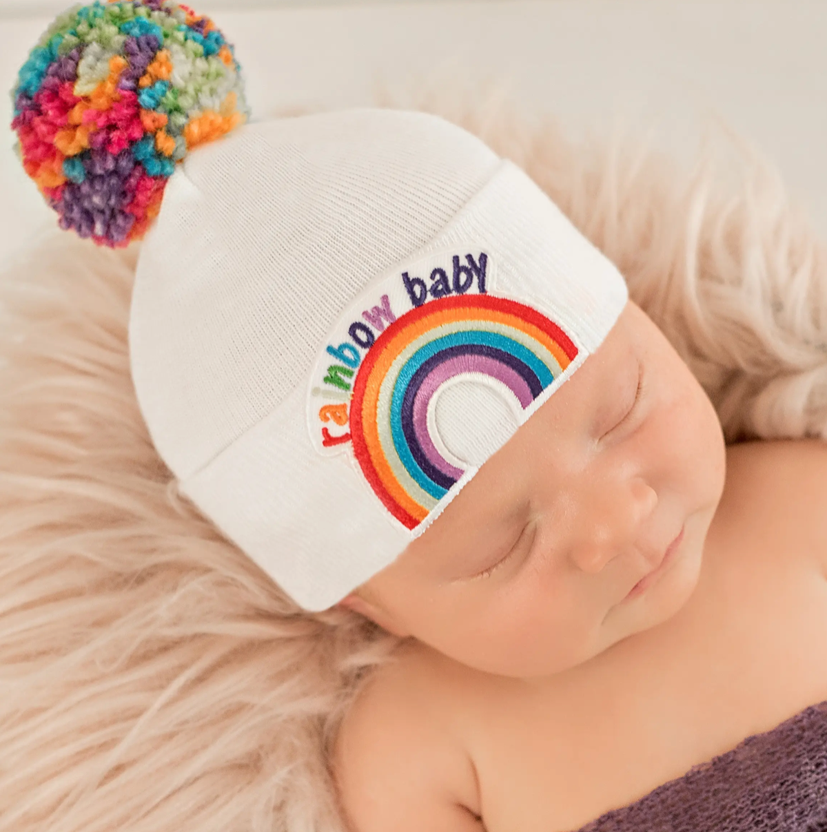 Rainbow Pom Beanie Hat