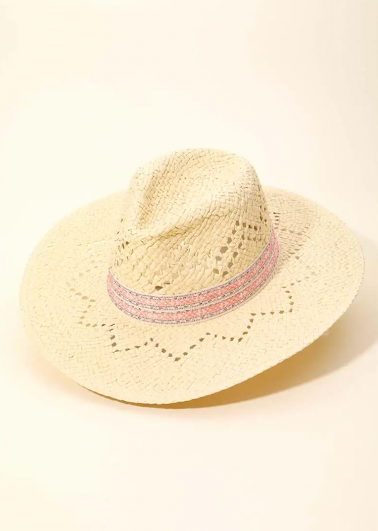 Patterned Brim Straw Sun Hat