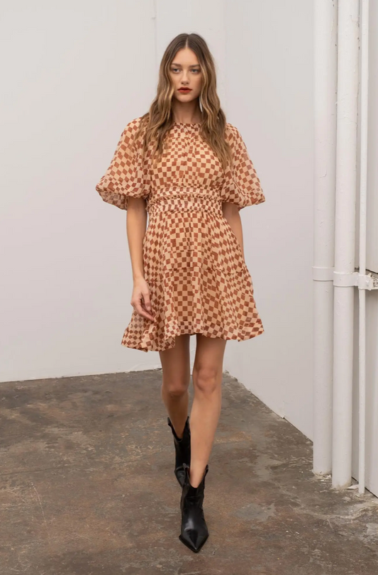 Checker Puff Sleeve Mini Dress